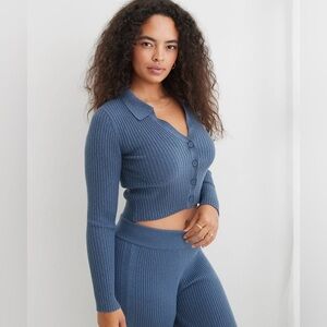 Aerie Ribbed Gotta Jet Button-Front Knit Crop Top in Dusty Blue